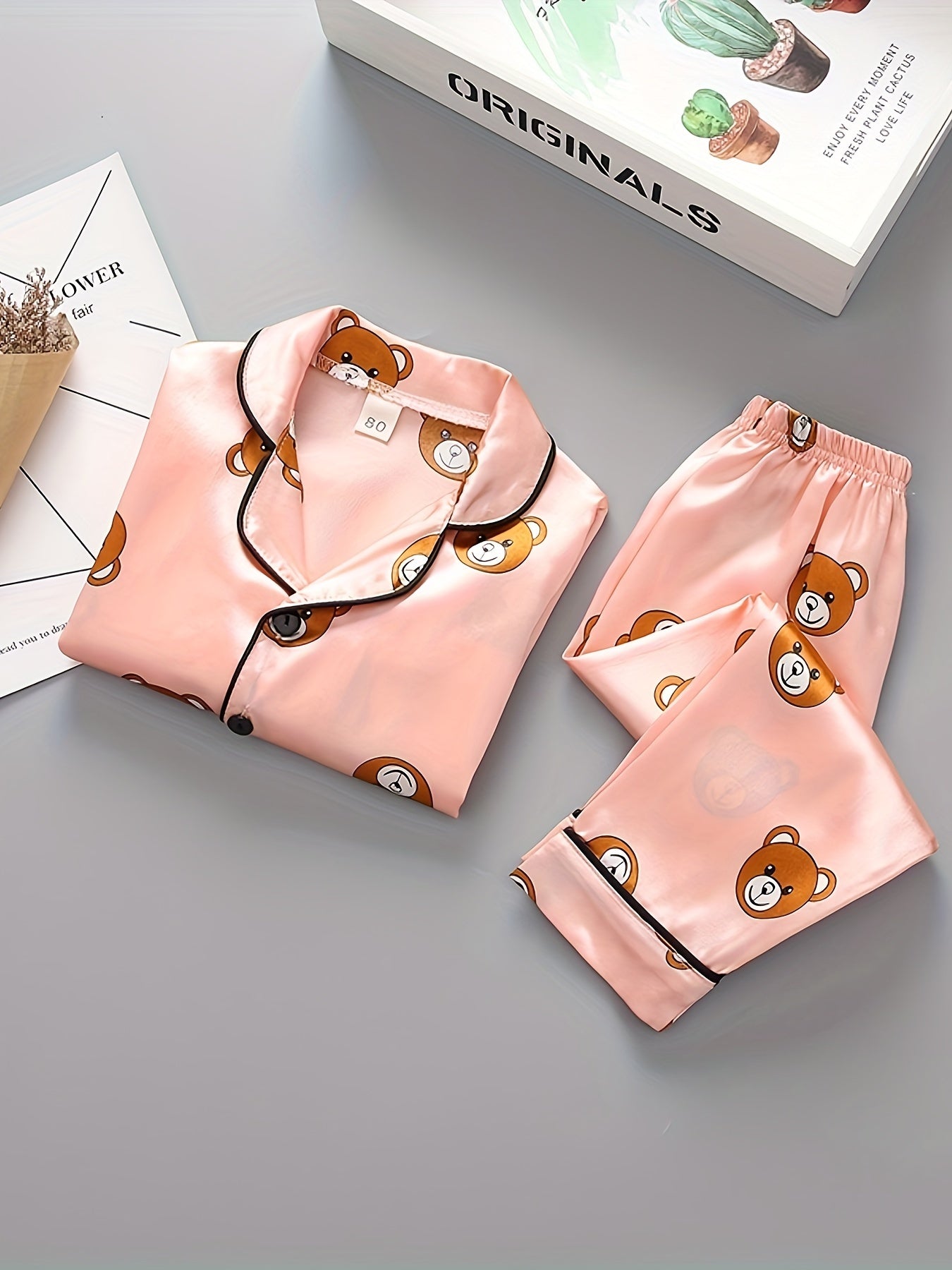 Kids Long Sleeve Cartoon Bear Pajamas Set Satin Casual Spring Fall