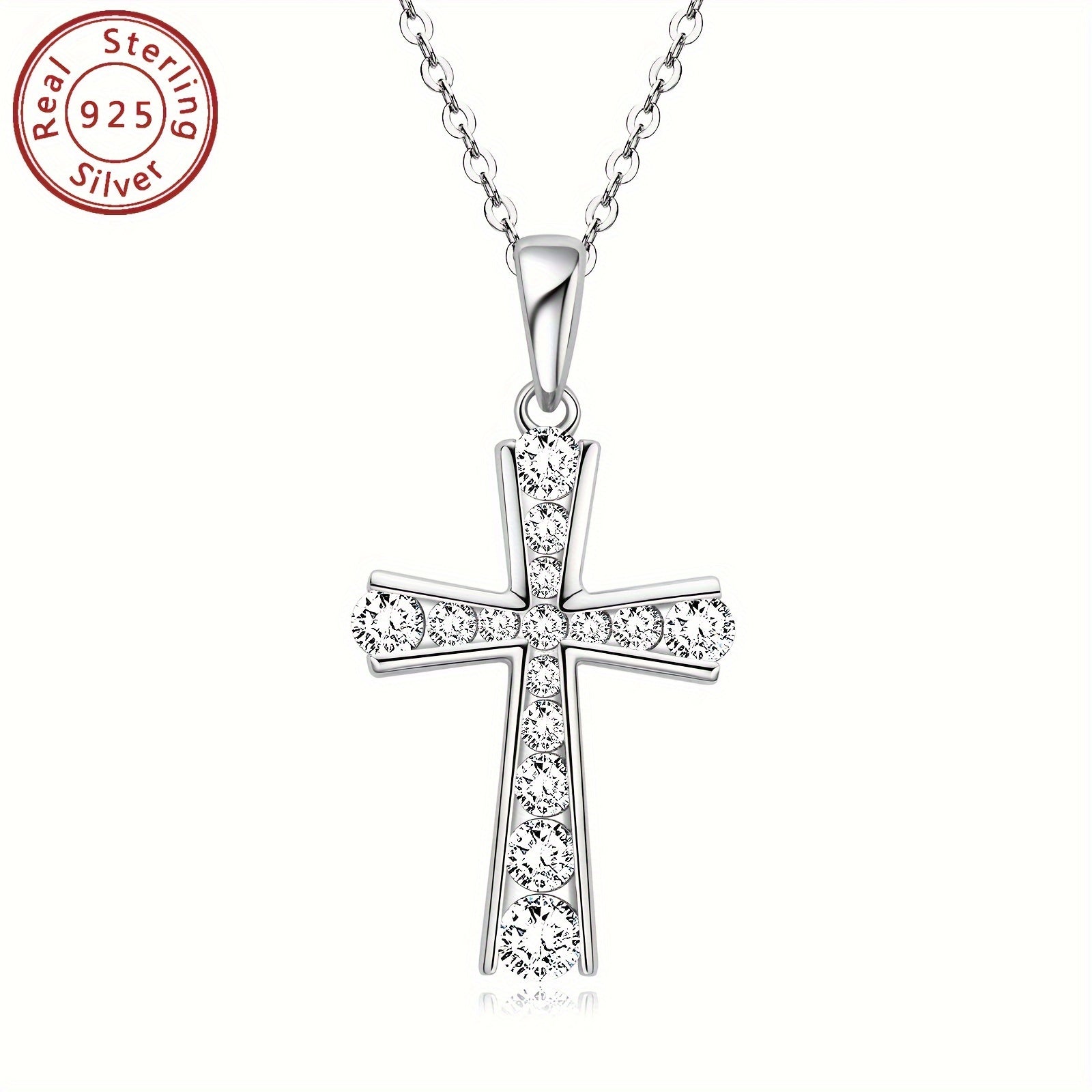 Sterling Silver Cross Pendant Necklace with Synthetic Zirconia Stones for Daily Wear