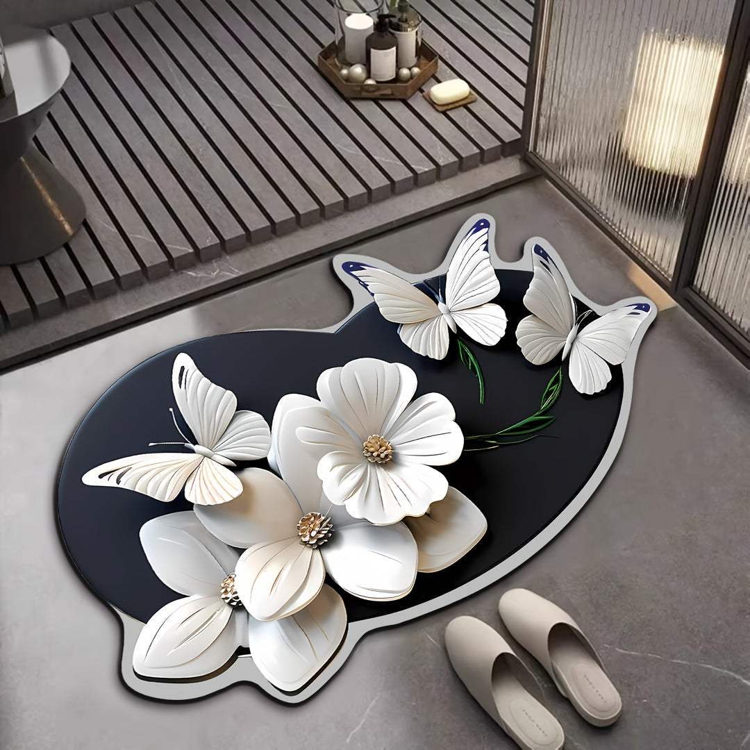 3D Flower Butterfly Pattern Non-Slip Bathroom Rug Water-Absorbent Quick-Drying Oval