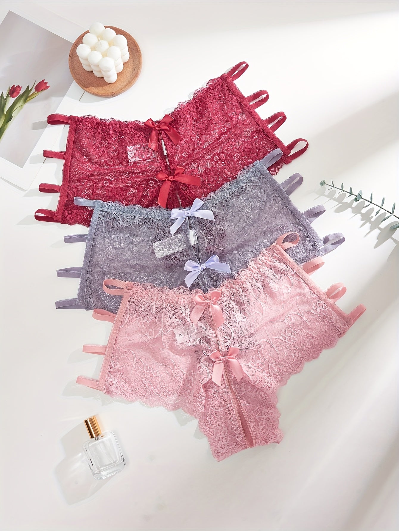 Женские кружевные трусы 3 шт. в упаковке, большие размеры, с открытым промежностью, цветочные узоры, черный, морской волны, красный