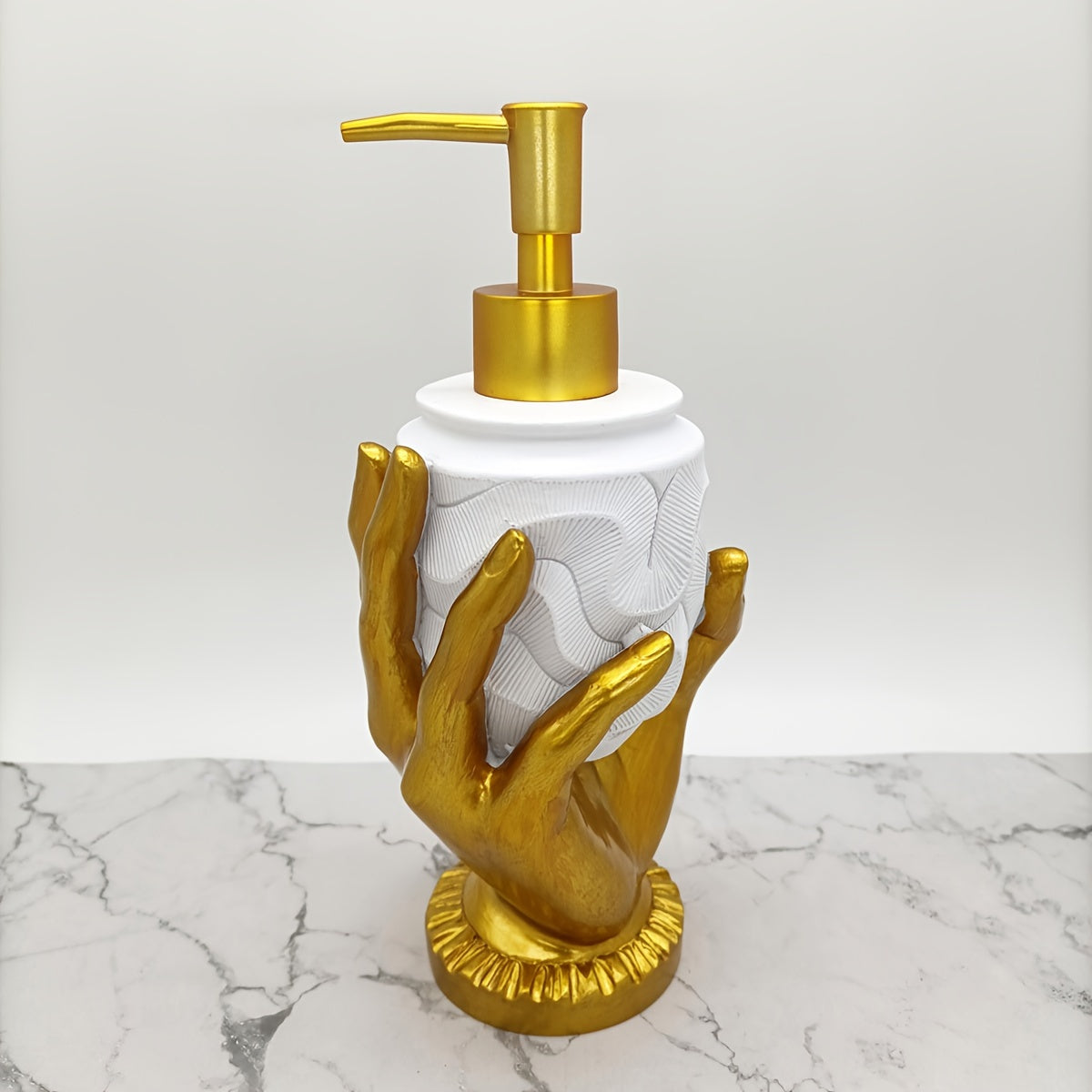 Dispensador de jabón de resina con huella dactilar en color dorado, diseño texturizado para baño y cocina