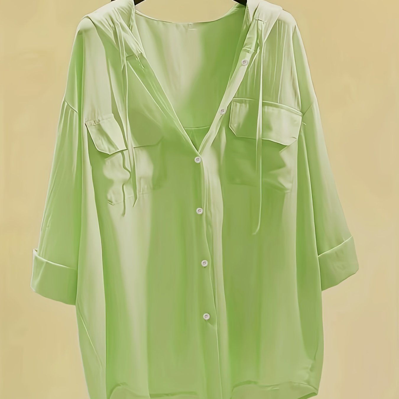 Women's Hooded Blouse with Button Front and Pockets, Solid Polyester Casual Top