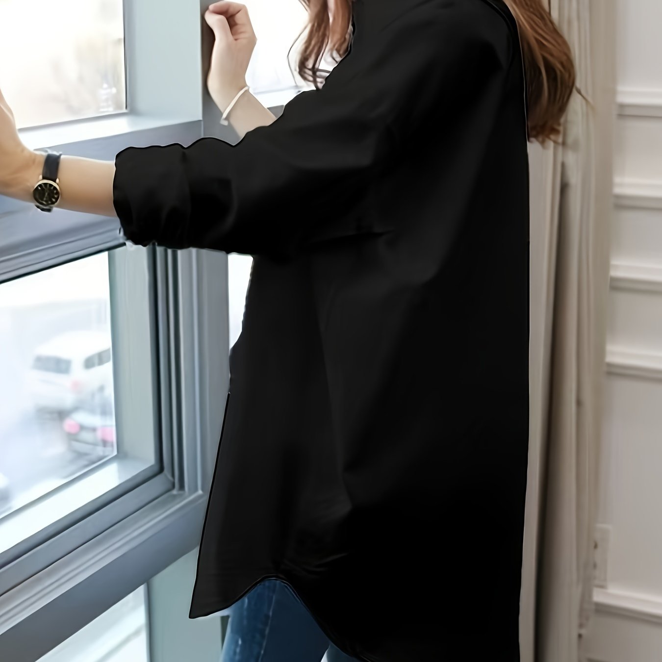Women's Long Sleeve Blouse with Lapel Collar Button Detail Mermaid Hem Loose Fit for All Seasons