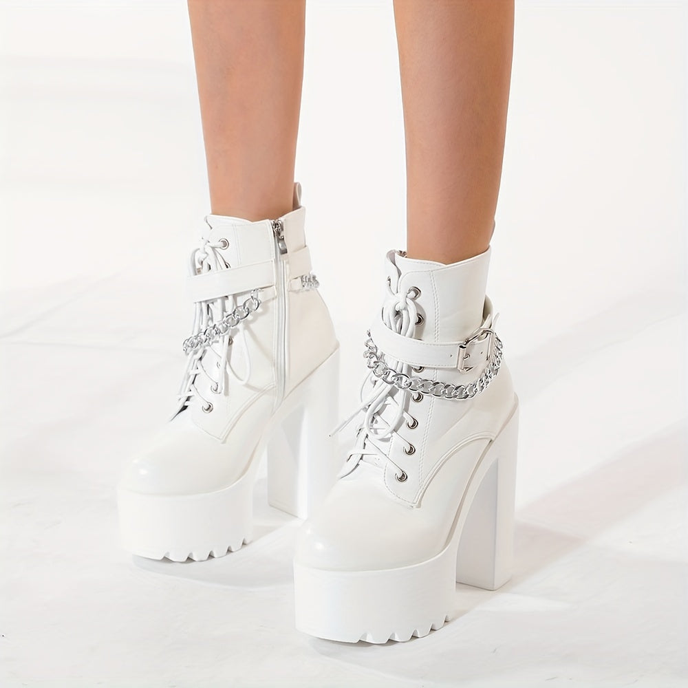 Women's Ankle Boots with Chain Decor Block Heel Lace-Up Side Zipper All-Season