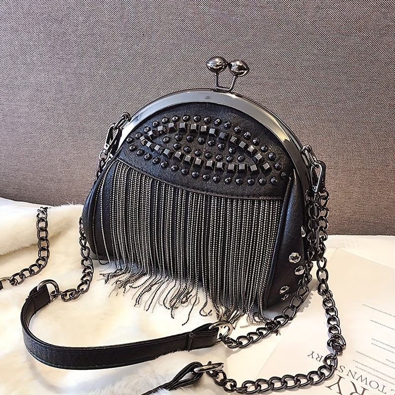 Women's PU Kiss Lock Handbag with Rivets Tassel Decor and Shoulder Chain