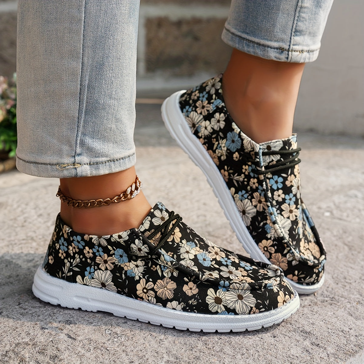 Women's Floral Print Loafers Slip-On Mules with Elastic Laces EVA Sole