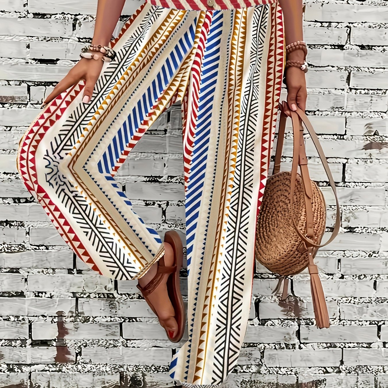 Pantalones de pierna ancha con estampado bohemio de talla grande para mujer, ajuste suelto con cintura elástica