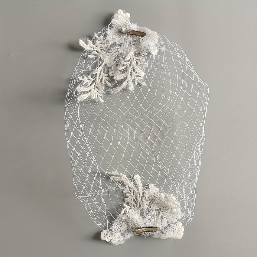 Vintage Lace Veil with Hand-Sewn Grid Design for Weddings and Photoshoots