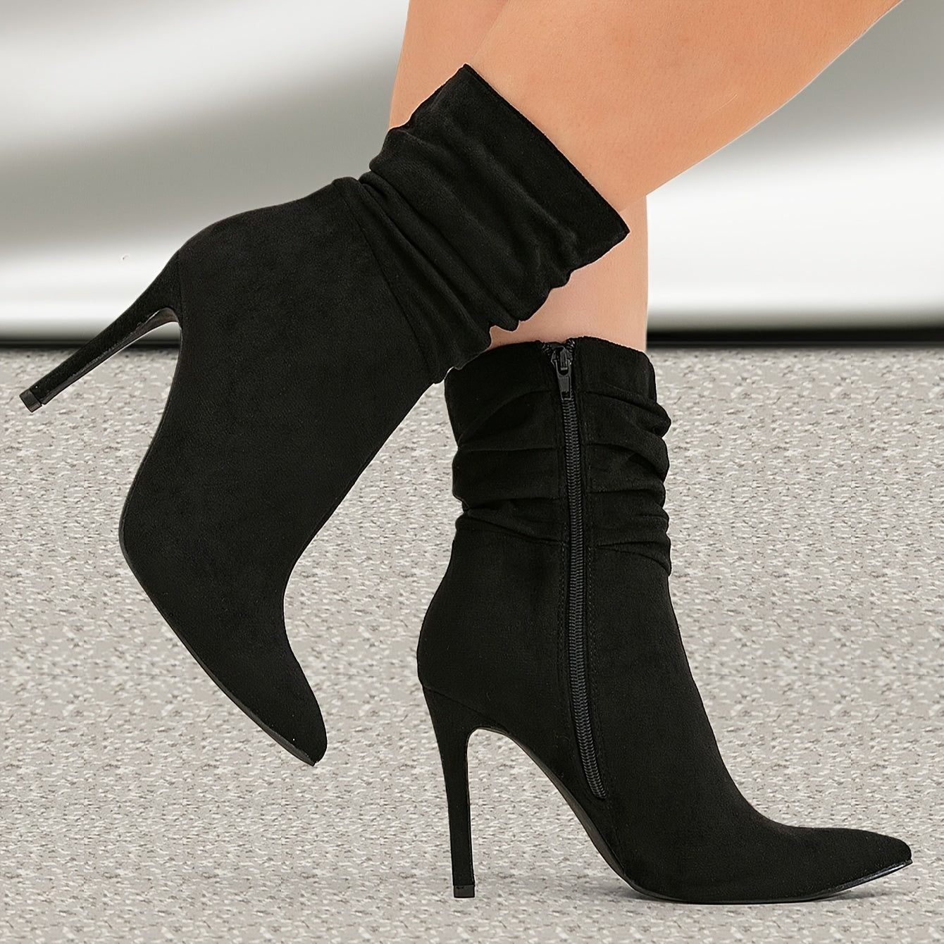 Women's Black Microfiber Mid-Calf Zipper Pointed Toe Stiletto Boots