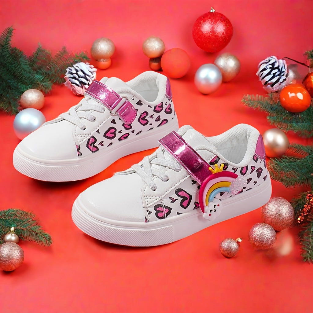 Girls Low Top Sneakers with Heart Rainbow Print Non-Slip Casual Shoes for All Seasons