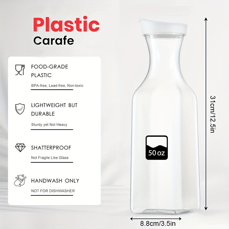 Two 50oz Square Water Bottles Clear Plastic Flip-Top Lids for Iced Tea Juice Beverages