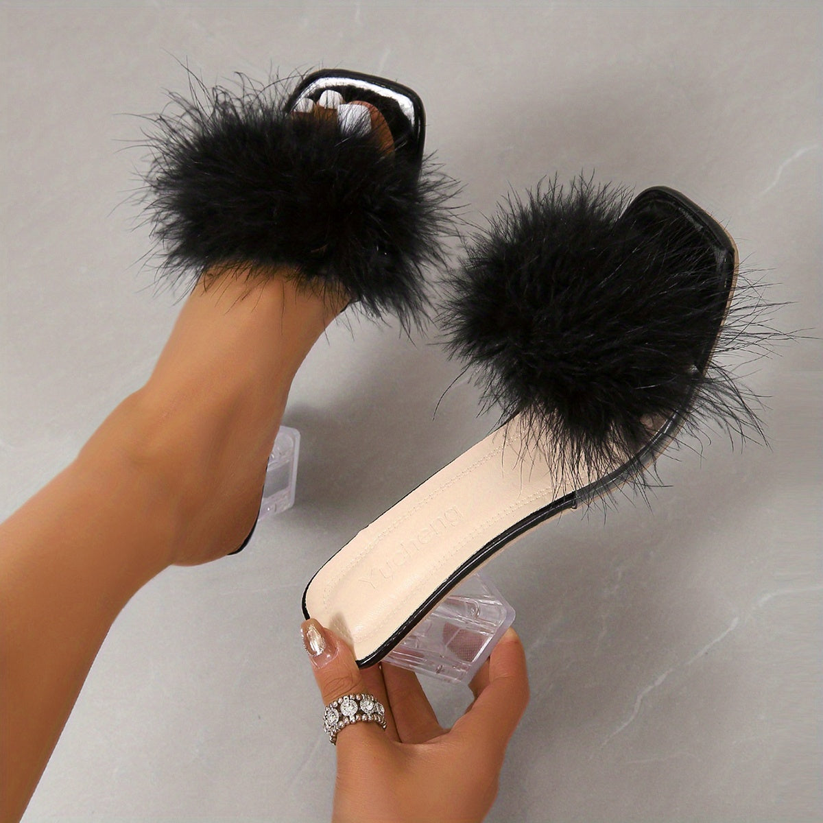 Women's Faux Fur Decor Chunky Heel Sandals Square Toe Slip-On Summer Dress Shoes