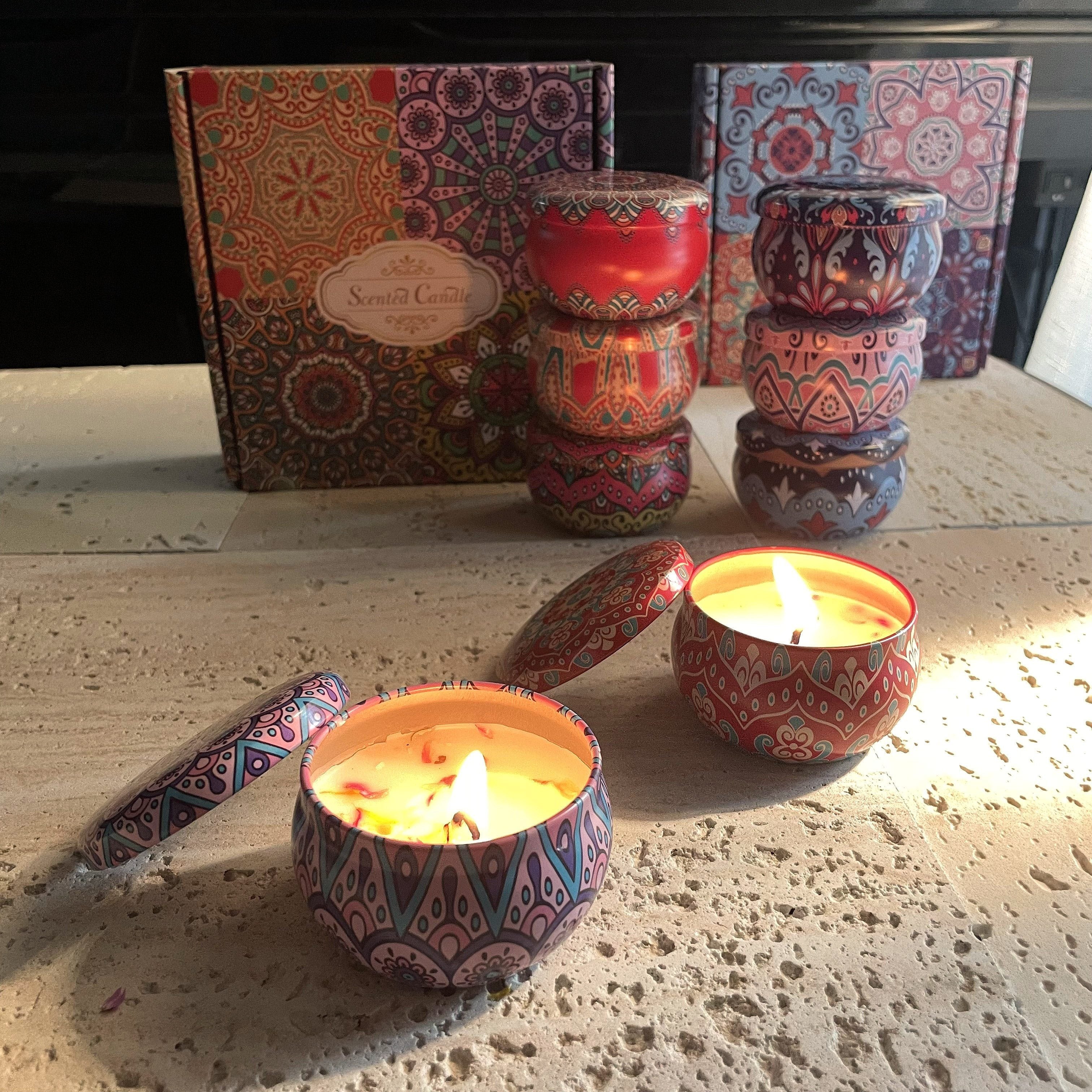 Set de regalo de vela aromática Mandala Bohemia con flores secas, aroma a especias, cera de soja