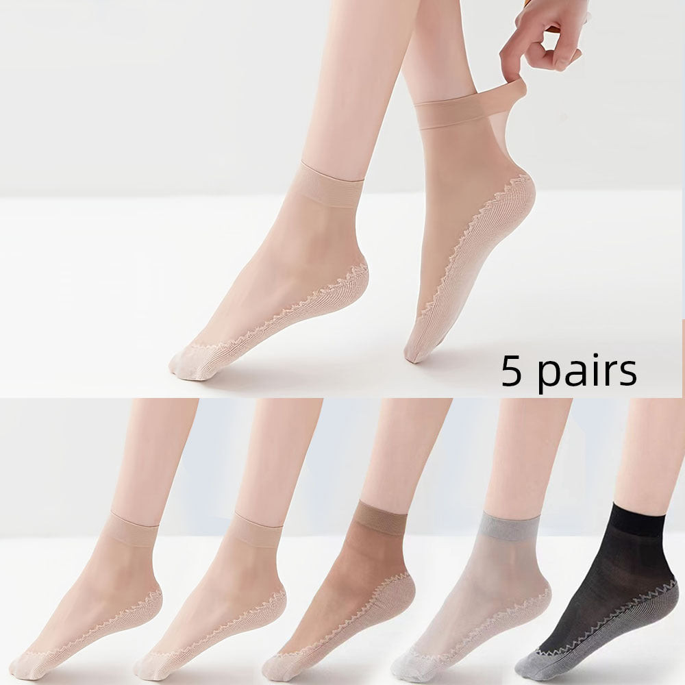 Women’s Knee-High Semi-Sheer Socks 5 Pairs Non-Slip Breathable Polyester