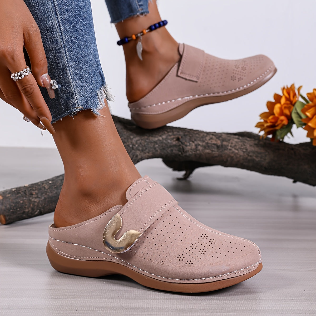 Women's Summer Casual Breathable Canvas Shoes with Floral Design and Metallic Buckle
