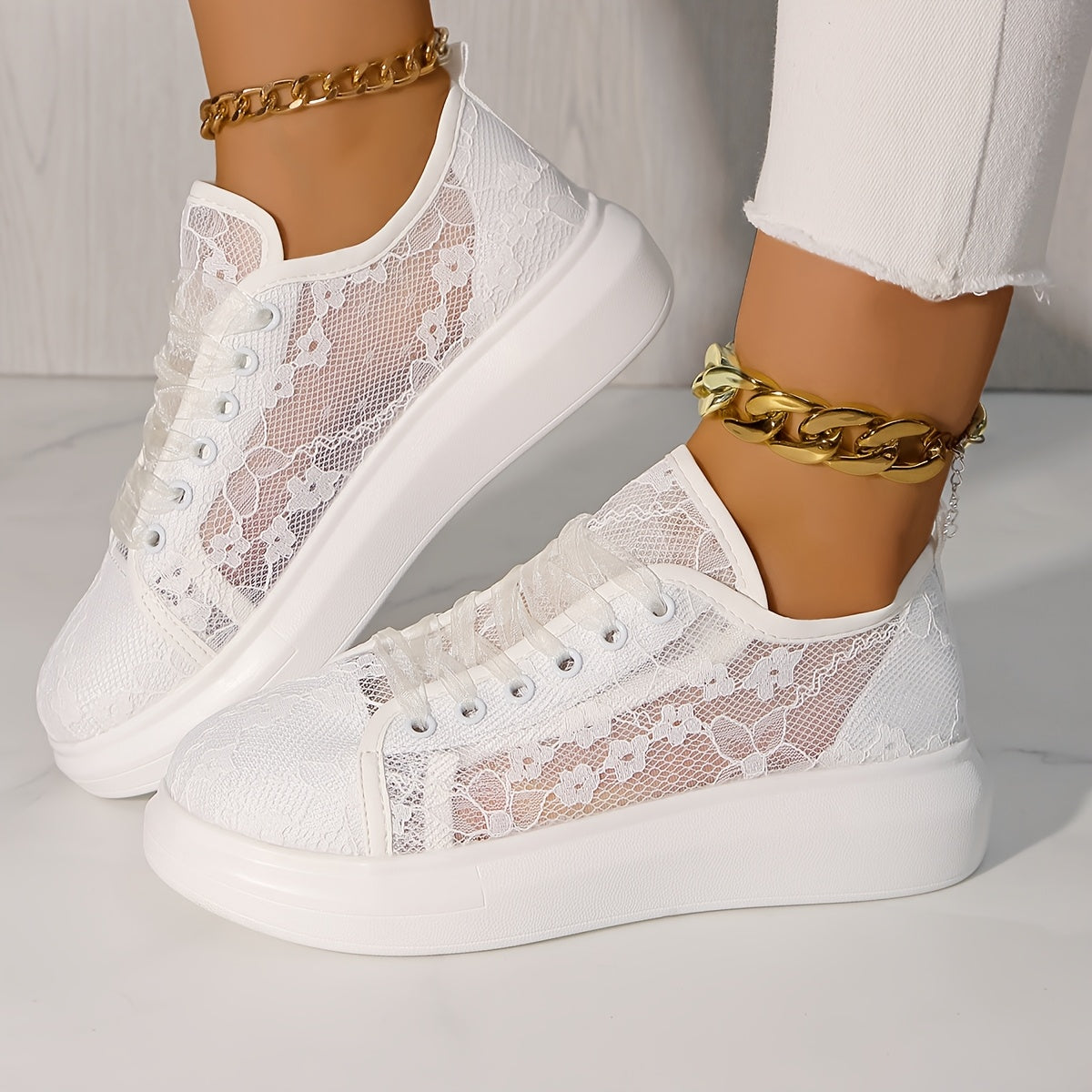 Women's White Floral Lace Mesh Breathable Sneakers for Walking and Travel