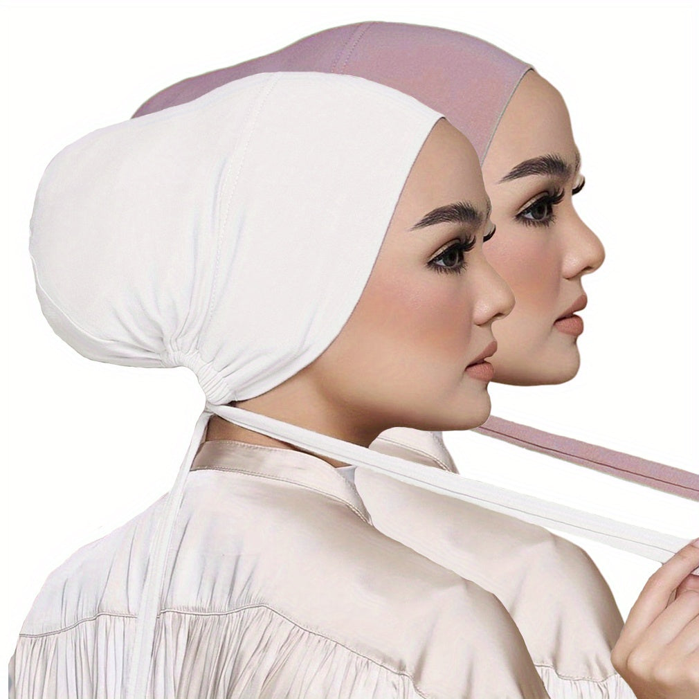 Set of 2 Solid Color Tied Back Undercaps with Elastic Inner Hijab Caps for Women