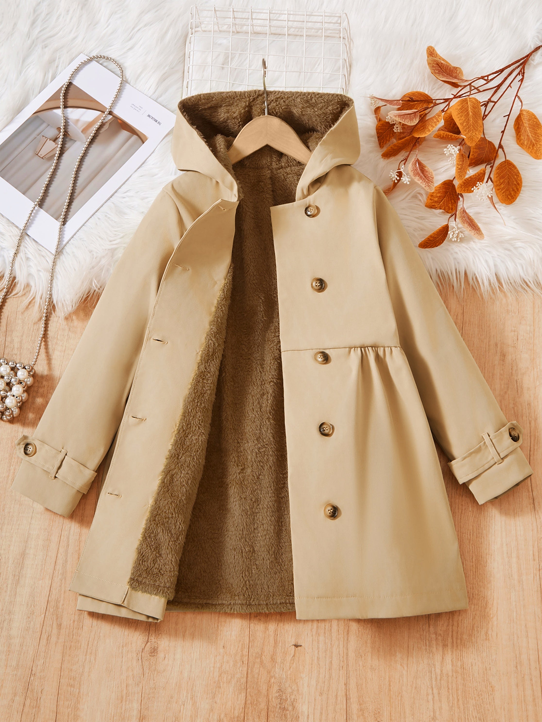 Girls Hooded Padded Coat Lightweight Double-Breasted Fall Winter Solid Polyester