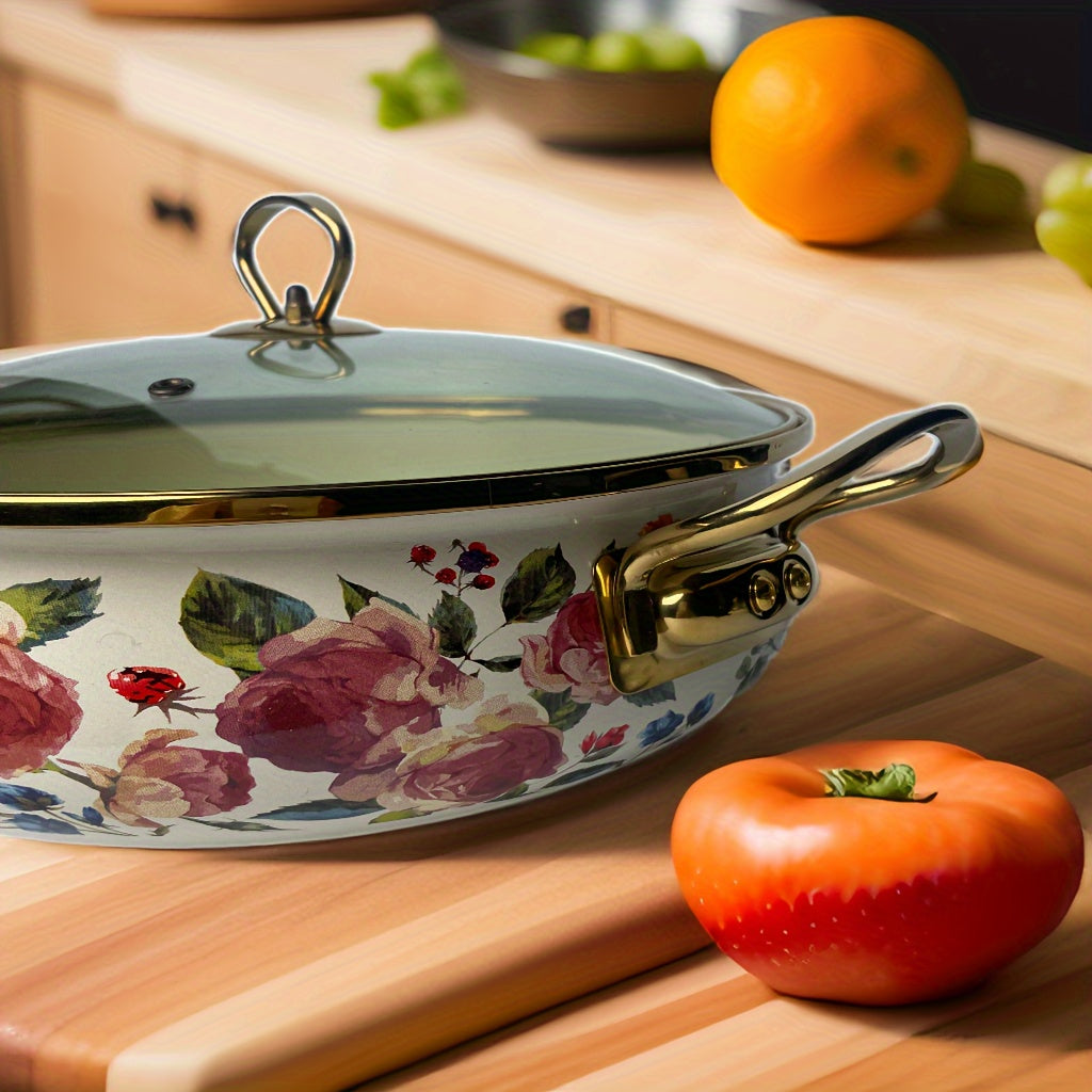 Floral Enamel Soup Pot with Lid and Sturdy Handle Kitchen Cookware