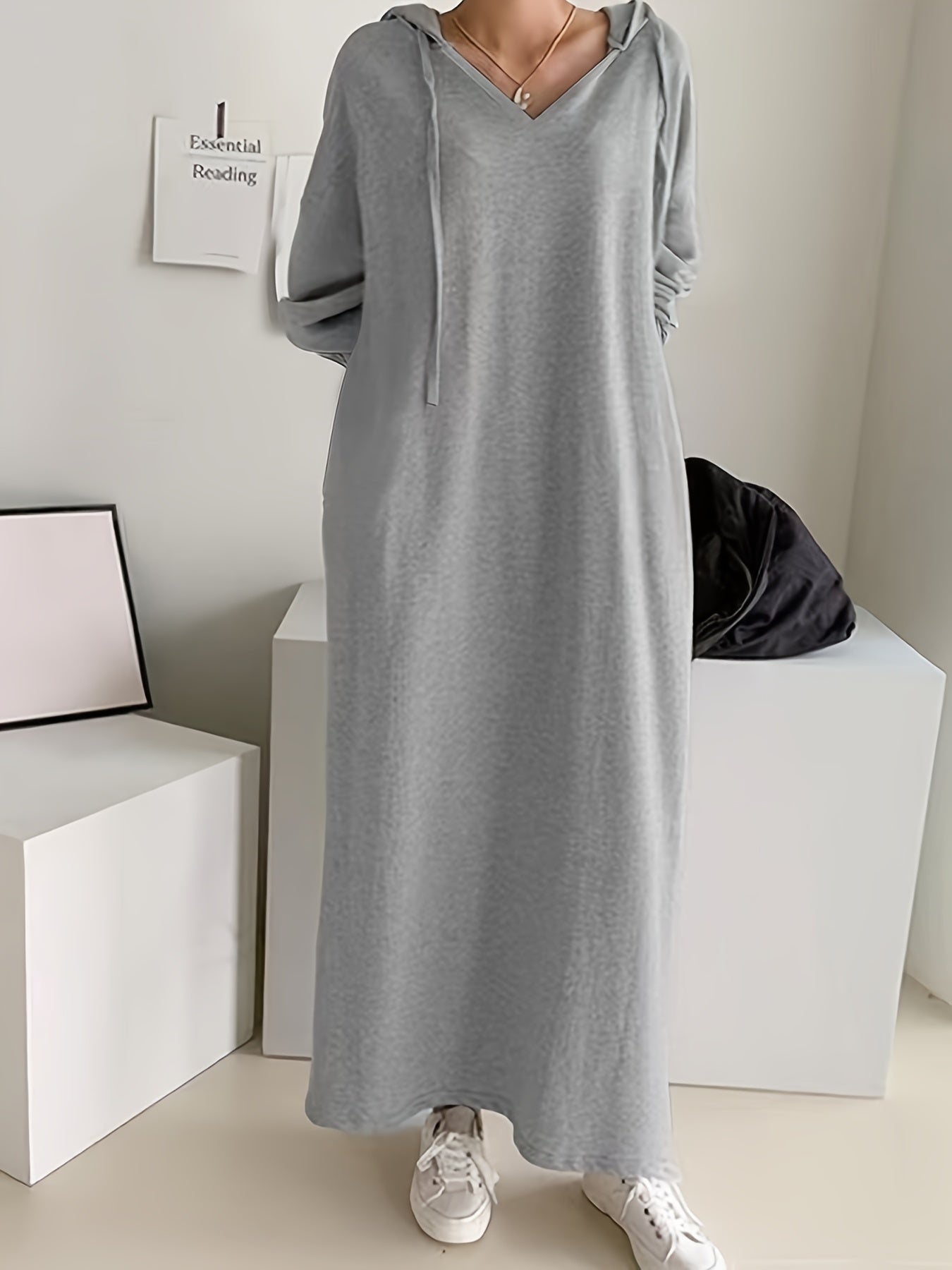 Plus Size Solid Drawstring Hooded Maxi Dress for Fall Winter Casual Women