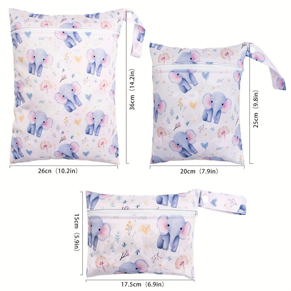 Set of 3 Elephant Print Waterproof Travel Pouches for Diapers, Yoga, Sports