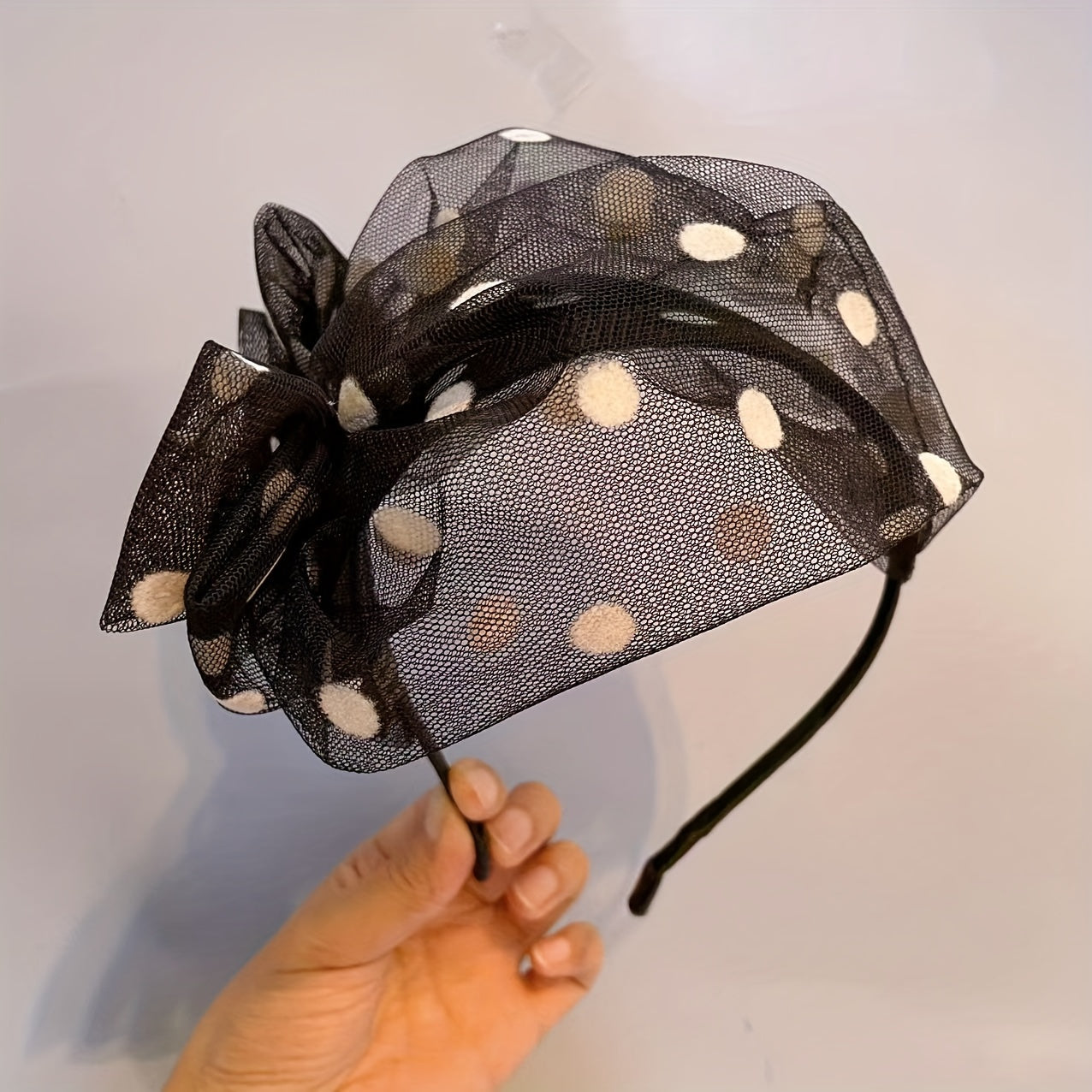 Wide-Brim Headband with Polka Dot Mesh and Bow for Summer Events