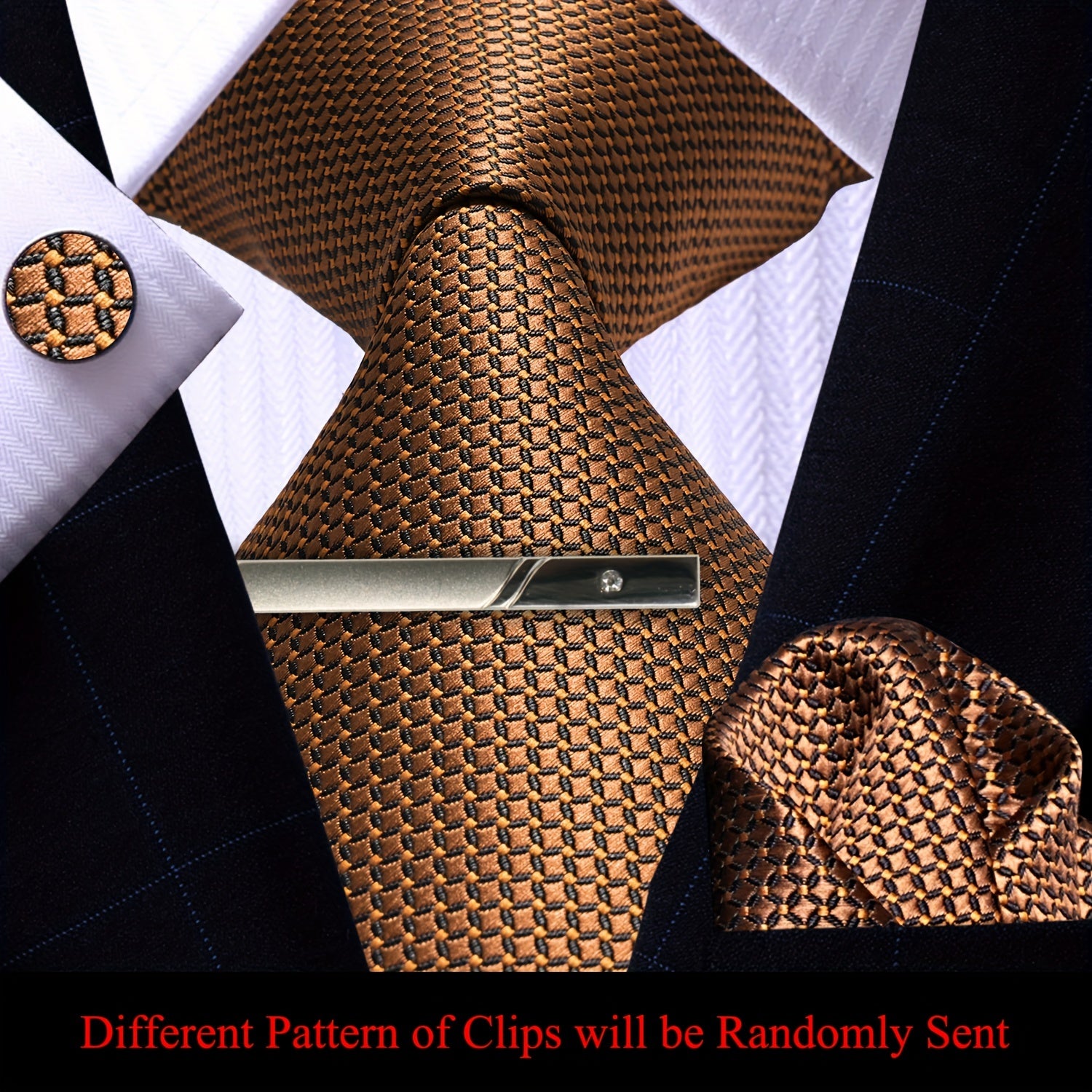 Men's Plaid Tie Pocket Square Cufflinks and Clip Set