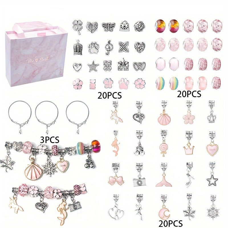 Charm Bracelet Making Kit with 63 Pieces Beads Pendants Chain Accessories Gift Box