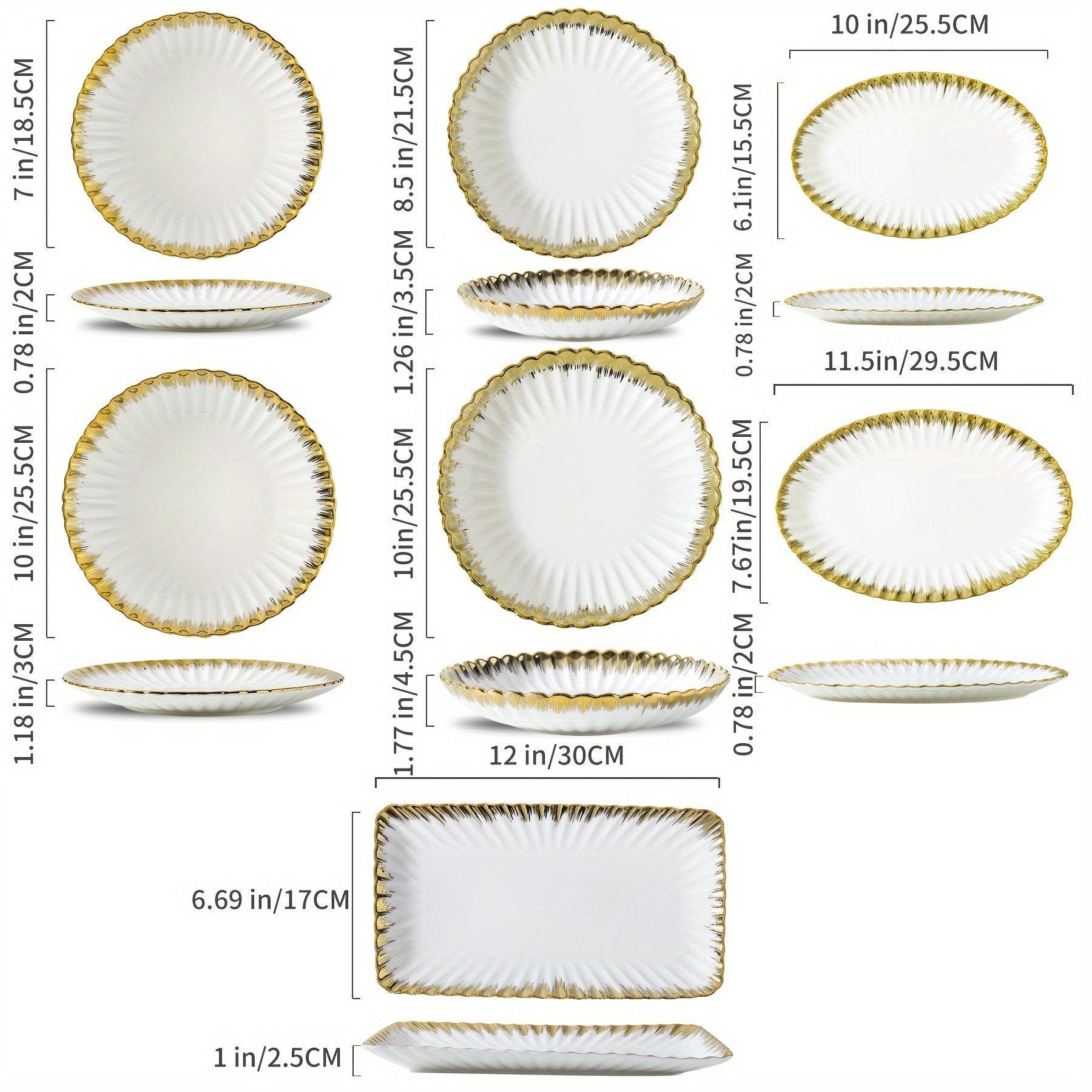 Set of 4 Ceramic Dinner Plates with Gold Rim for Pasta Salads and Desserts Dishwasher Safe Home and Restaurant Use