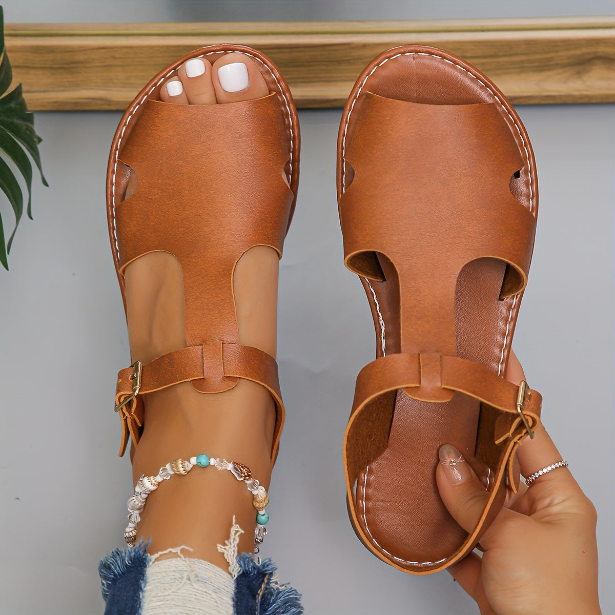 Women's Red Faux Leather Peep-Toe Flat Sandals for Summer Casual