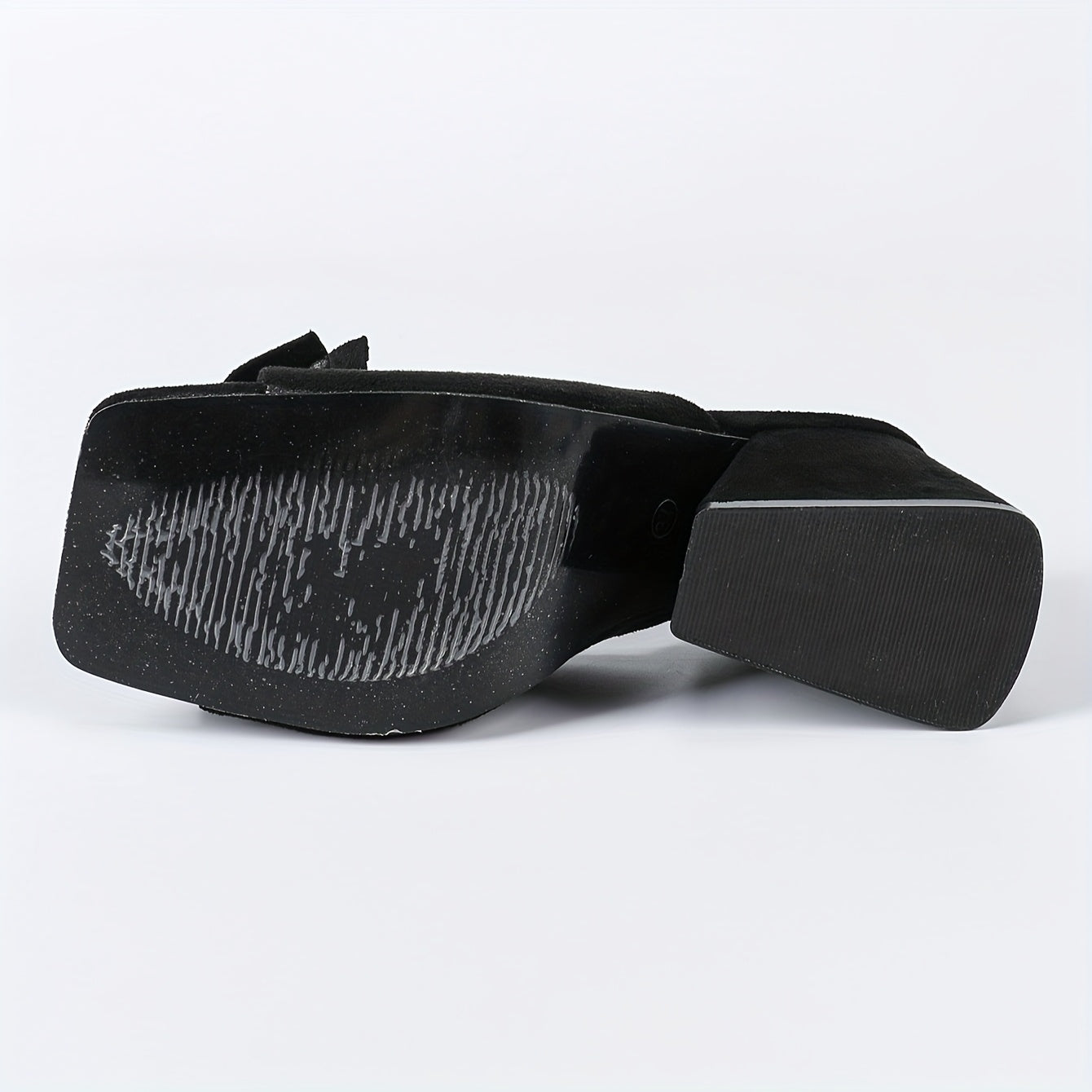 Women's Summer Black Chunky Heel Open Toe Mules with Knit Slip-Ons