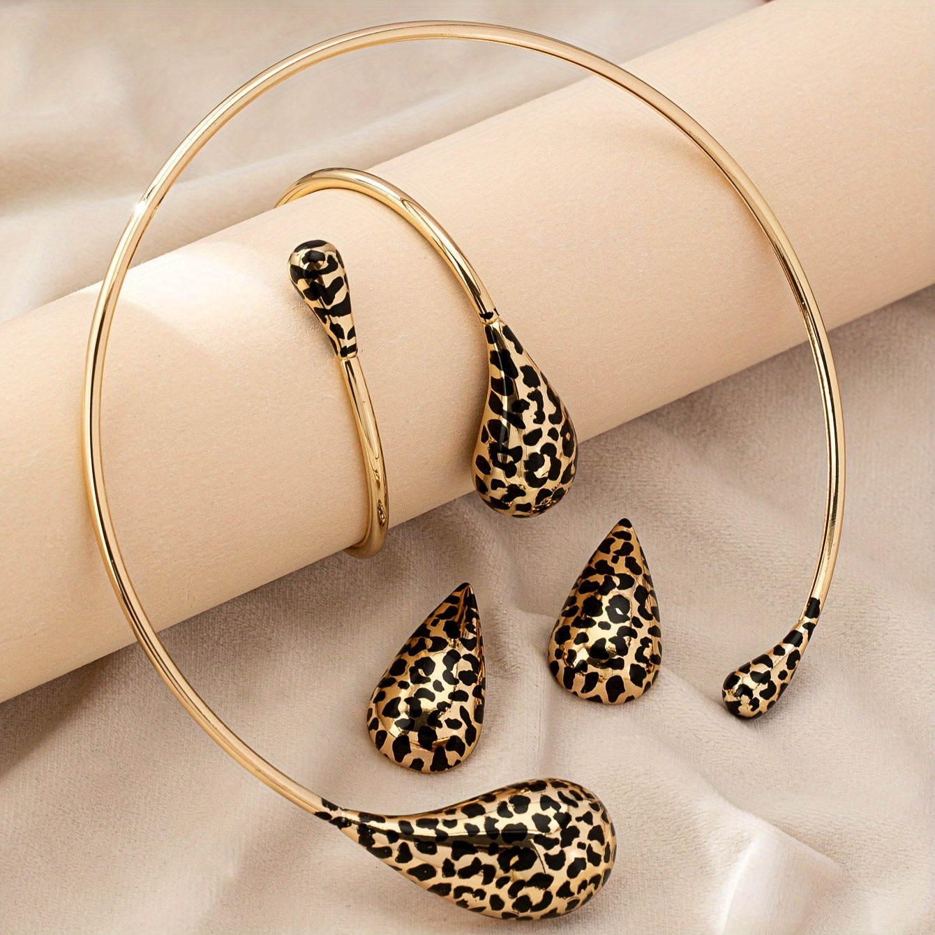 Women's Leopard Print Jewelry Set with Collar Bangle and Stud Earrings