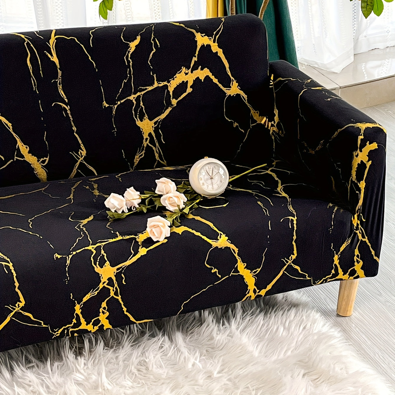 Black Bronzing Stretch Sofa Cover with Elastic Band for Living Room and Bedroom