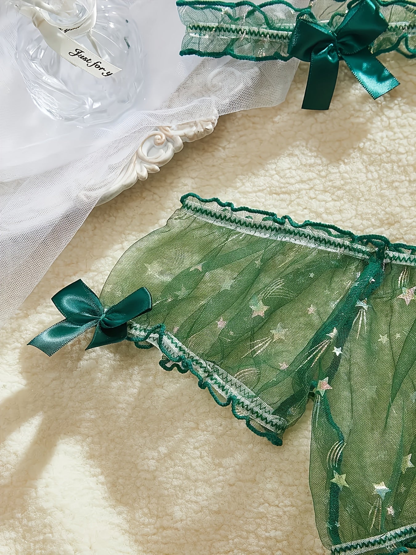 Sheer Lingerie Set with Bow Detail Bra Panty Garter Belt Breathable Polyester for Romantic Occasions