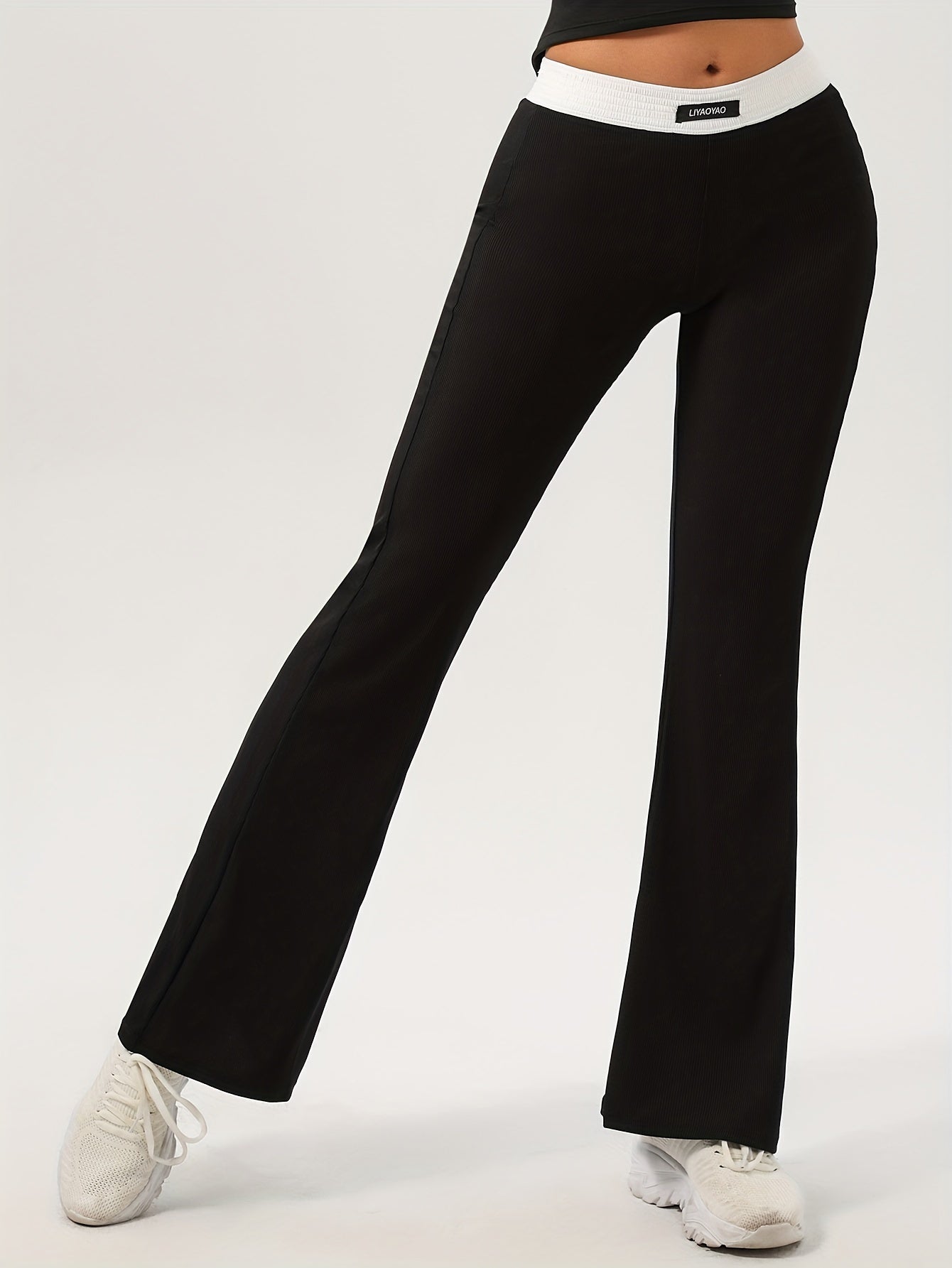Women's High Waist Flare Pants with Contrasting Color Details and Stretch Fabric for Casual Fall Wear