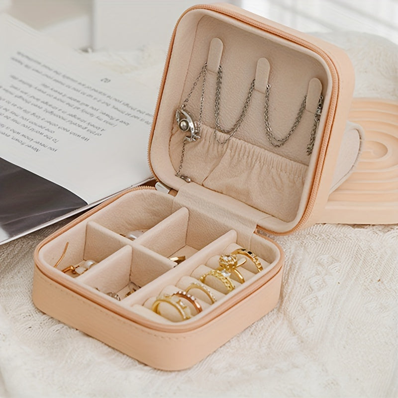 Портативный органайзер для украшений из искусственной кожи с застежкой-молнией, компактный дорожный кейс для колец, серег и ожерелий