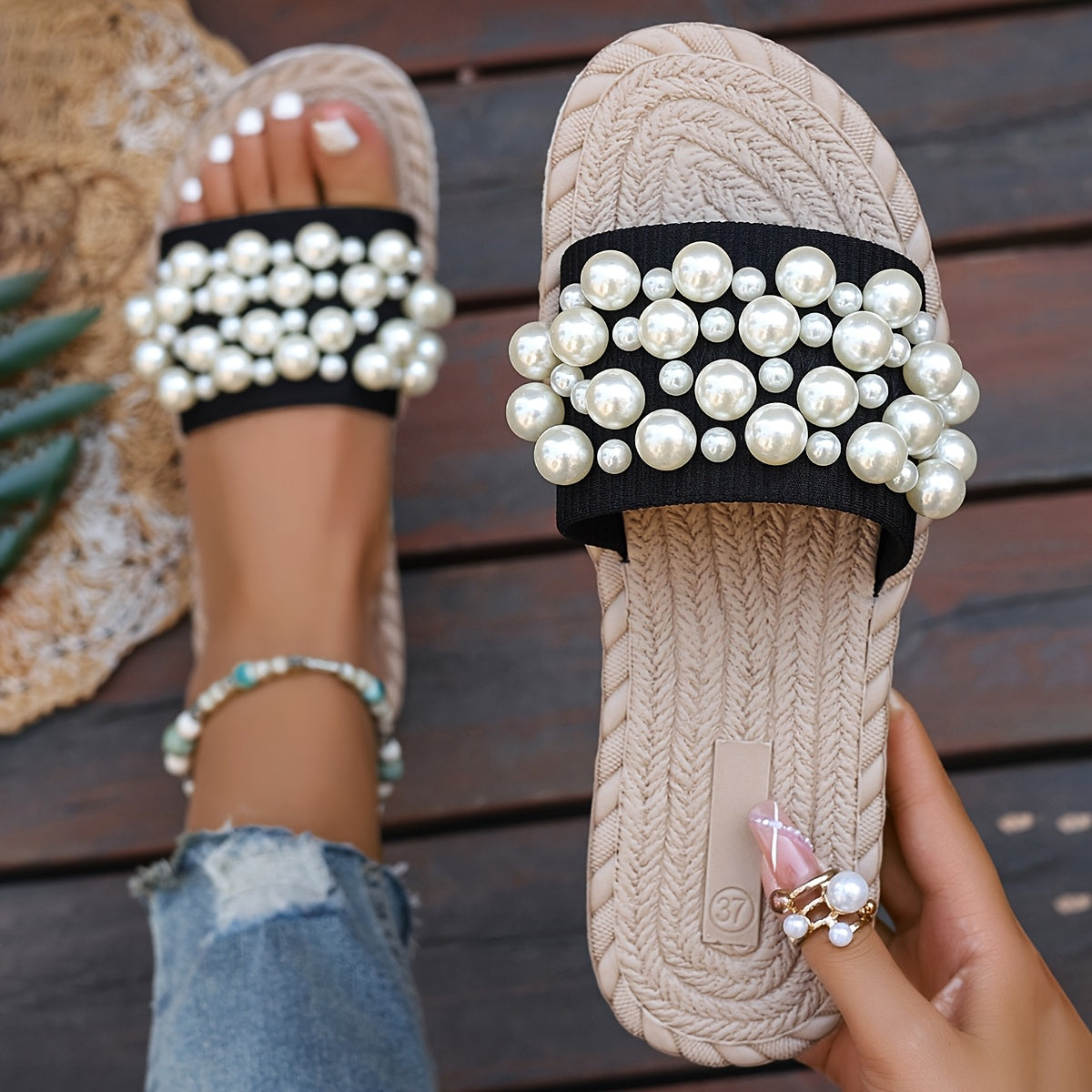 Women's Pearl Slide Sandals Lightweight Fabric Beige Open Toe Casual Slippers