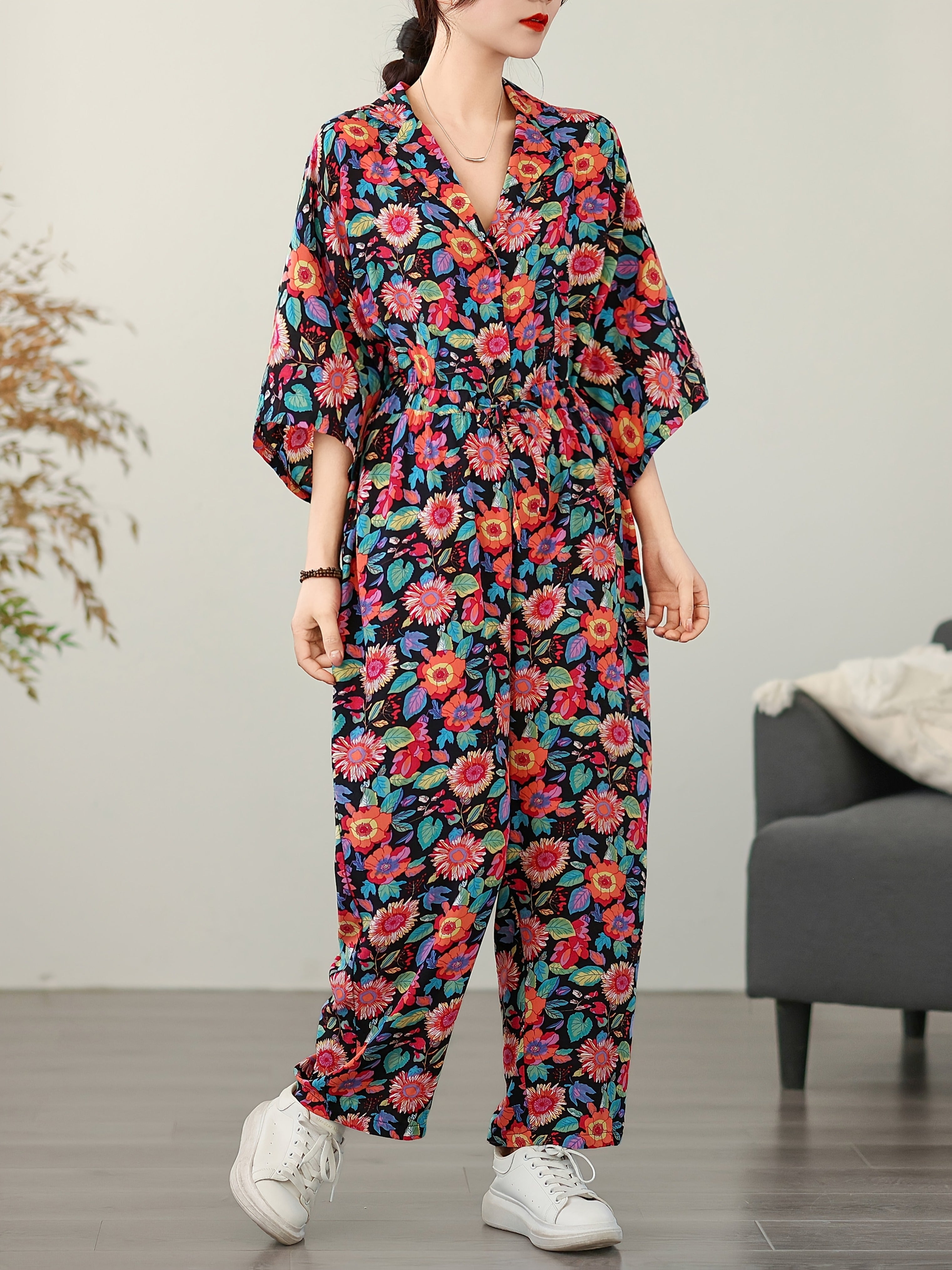 Women's Floral Print Summer Jumpsuit Loose Fit Short Sleeve Casual Dress