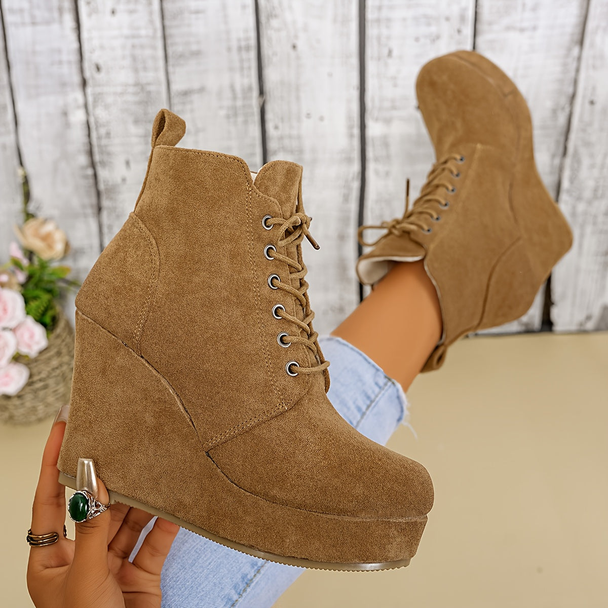 Women's Winter Plush-Lined Platform Wedge Boots with Thick Heel