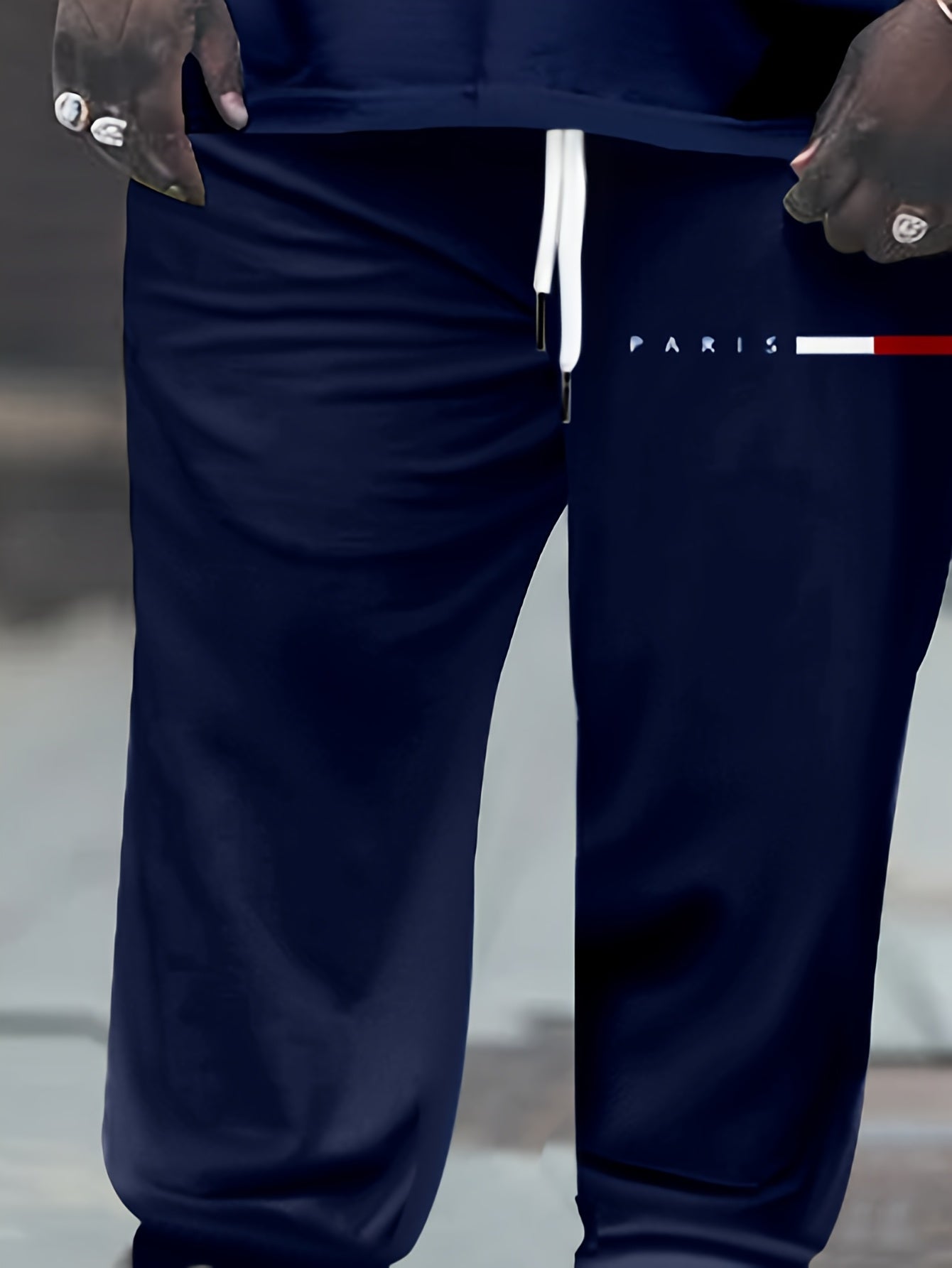 Men's Navy Blue Casual Sports Outfit Plus Size Polyester Knit with Pockets