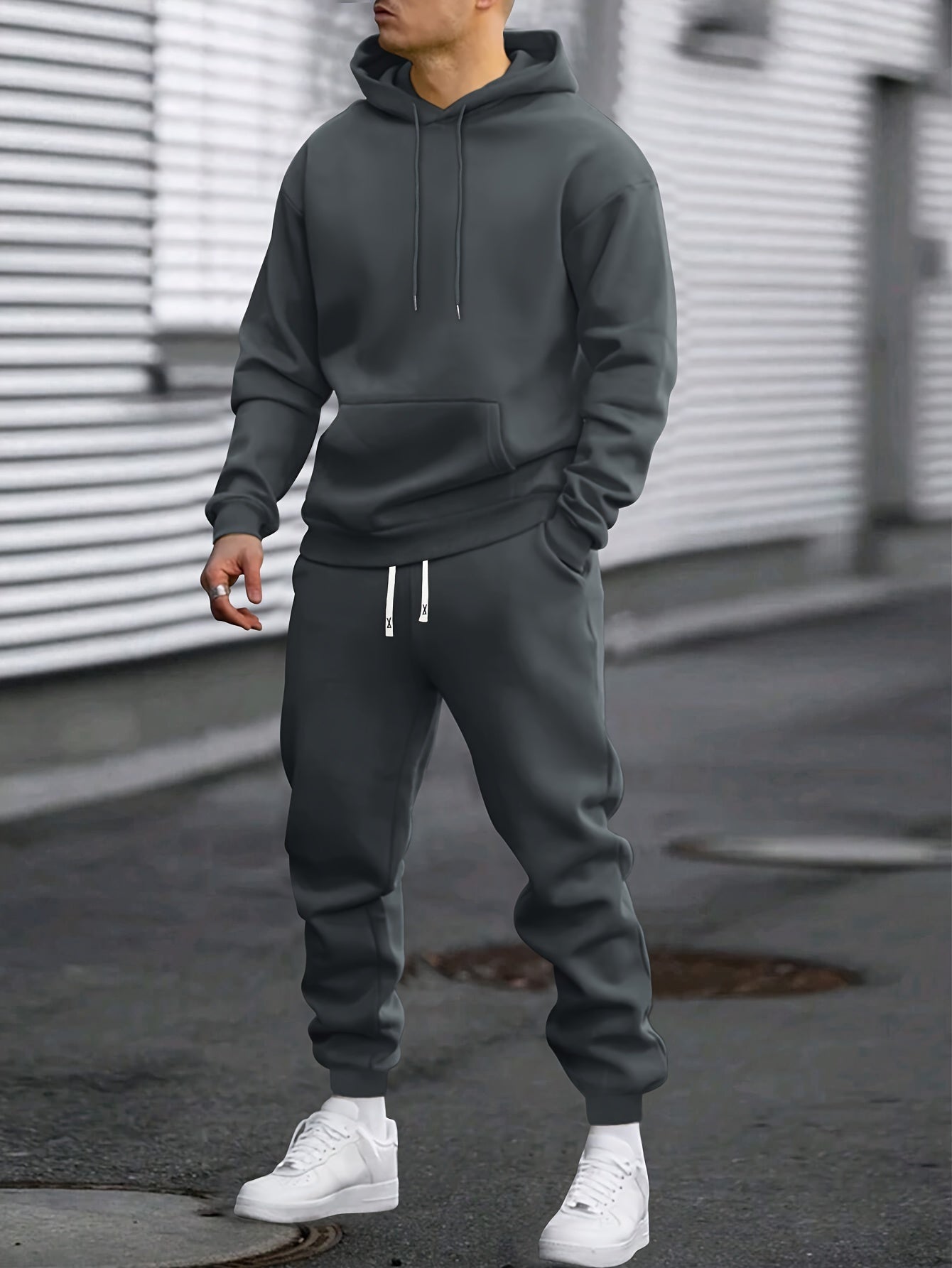Men's Casual Sportswear Set Hoodie and Joggers Solid Color Polyester Blend Machine Washable for Spring Fall
