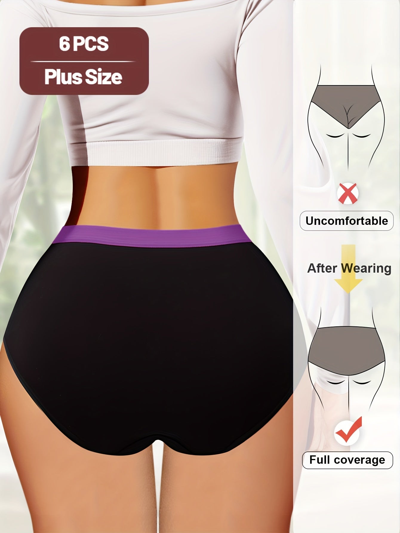 Pack de 6 braguitas de talla grande de cintura alta con bloques de color, algodón y elastano, cobertura total