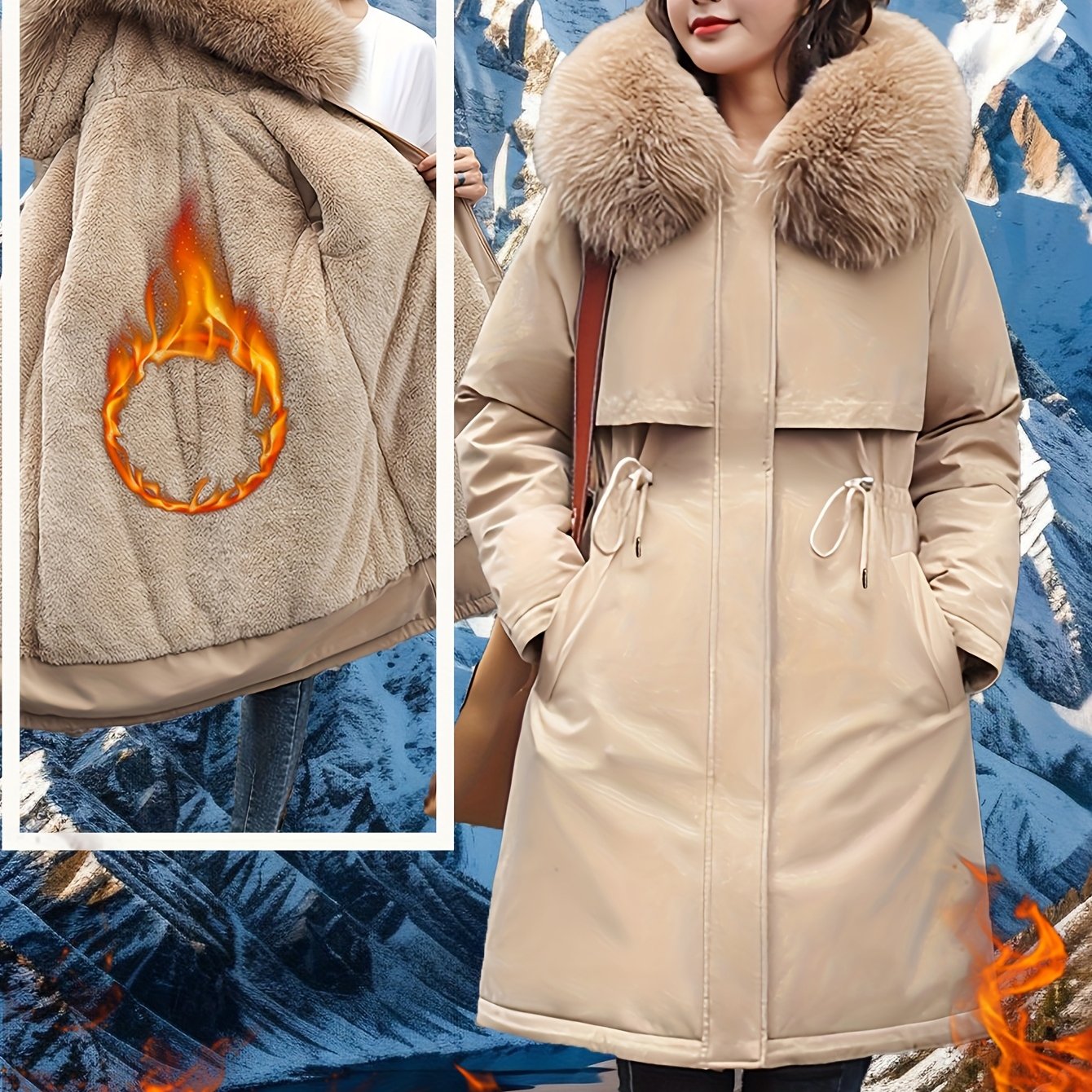 Women's Hooded Winter Coat with Removable Faux Fur Collar Water-Resistant Fleece Lining