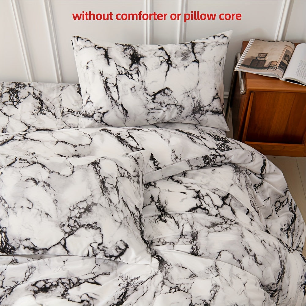 Black and White Marble Print Bedding Set 3 Piece Polyester Duvet Cover and Pillowcases