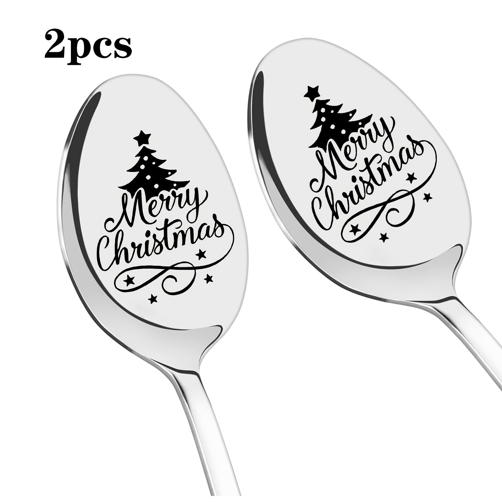 Stainless Steel Spoon Set with Laser-Carved Christmas Tree Designs for Gifting