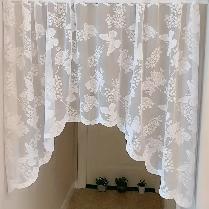 White Lace Butterfly Floral Curtain UV Protection Rod Pocket for Kitchen Living Room
