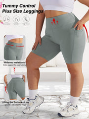 Women's Plus Size High-Waist Tummy Control Workout Shorts with Pockets