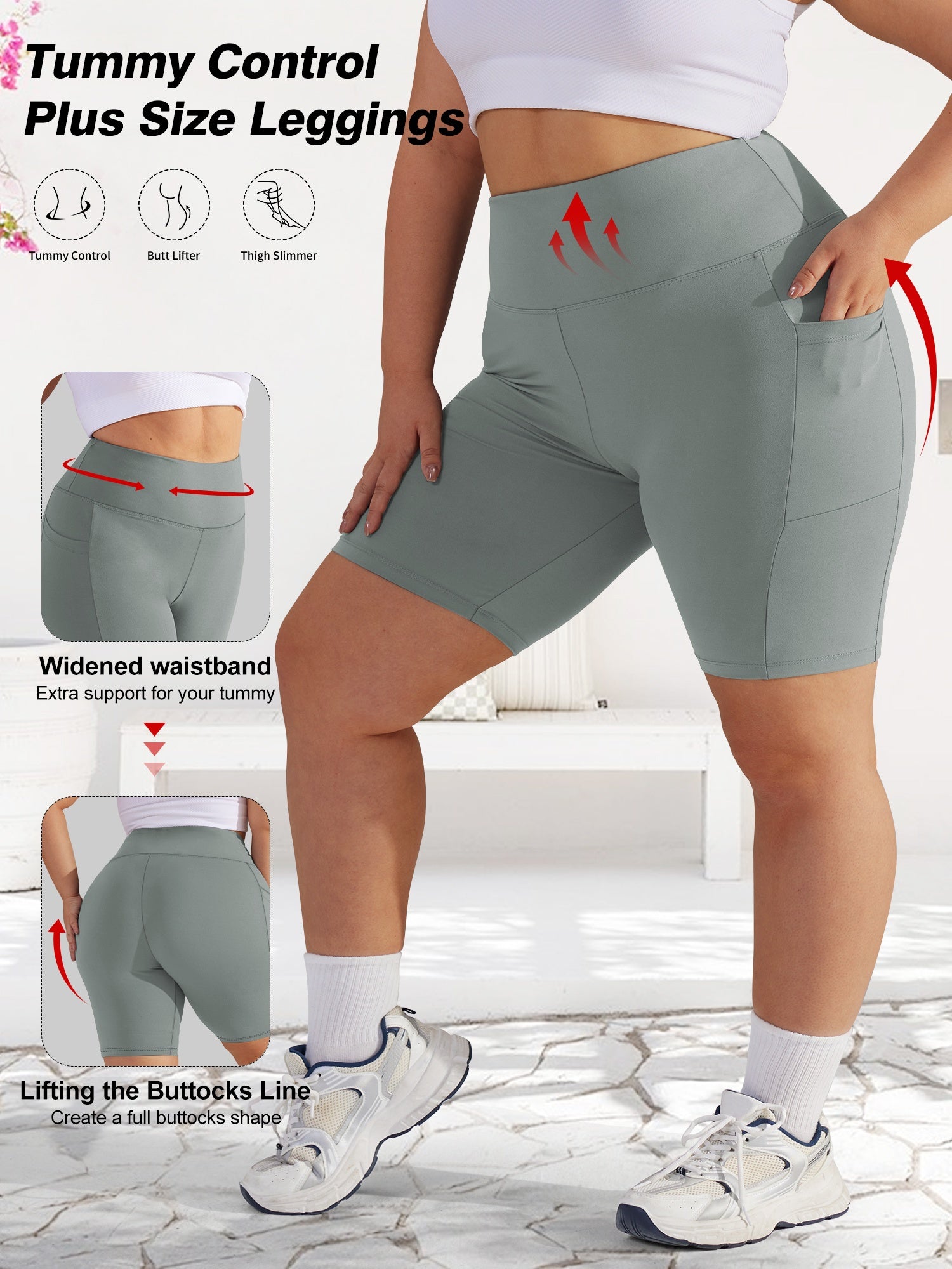 Women's Plus Size High-Waist Tummy Control Workout Shorts with Pockets