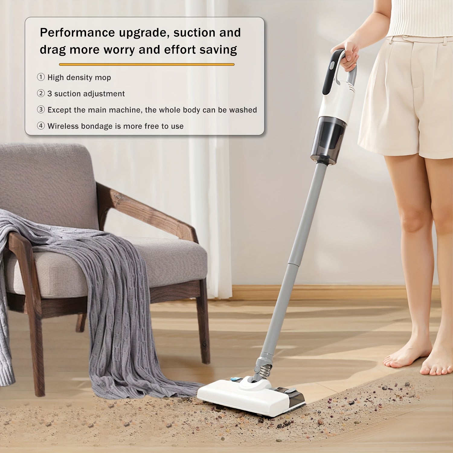 Беспроводной вакуумный швабра с 3-скоростным режимом для эффективной уборки в различных условиях, легкий и удобный в использовании.