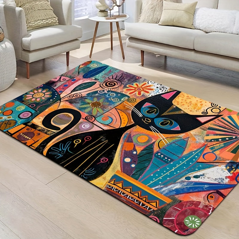 Abstract Art Cat Doormat Non-Slip Polyester Washable Entryway Rug